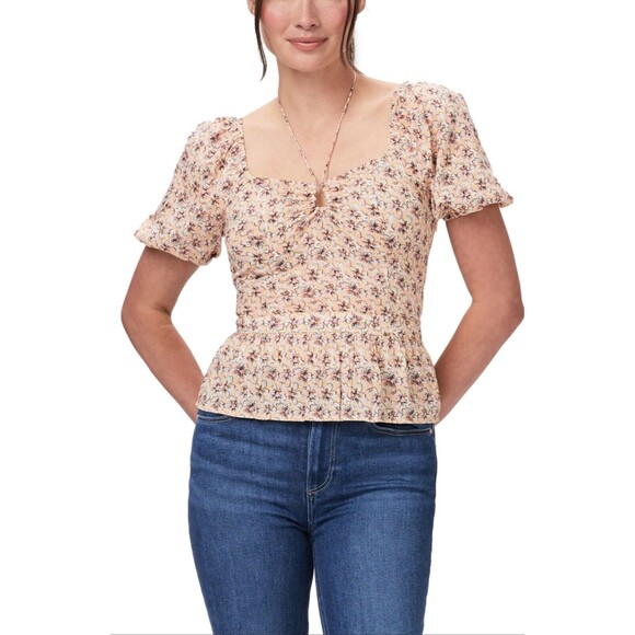 PAIGE Azul Women's Floral Keyhole Puff Sleeve Blouse Top size XS NWT Cotton - Picture 1 of 11